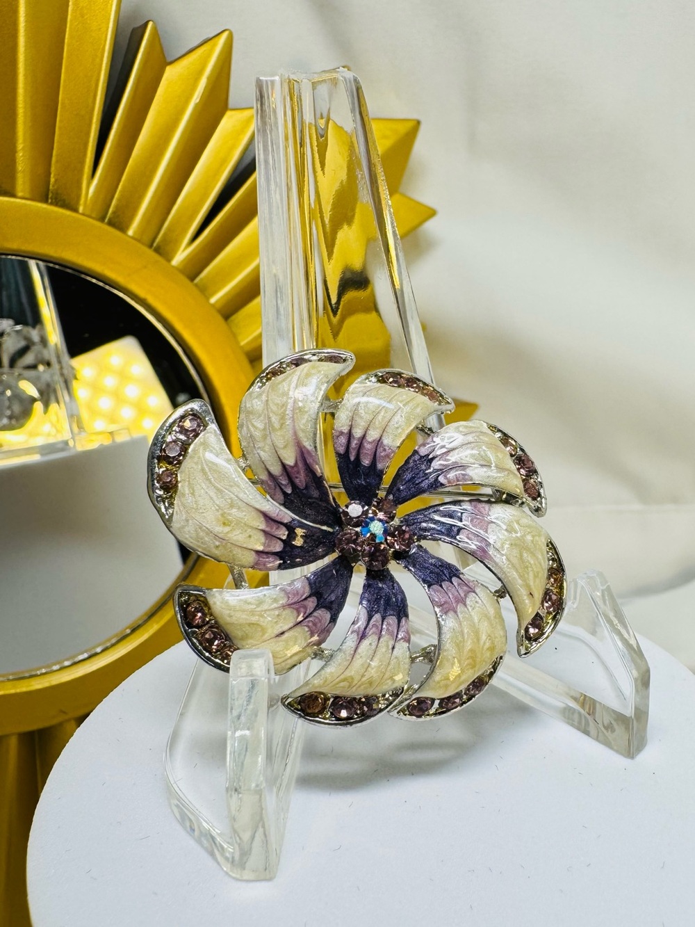 Vintage Purple and Cream Pansy Floral Brooch adorned with Crystals